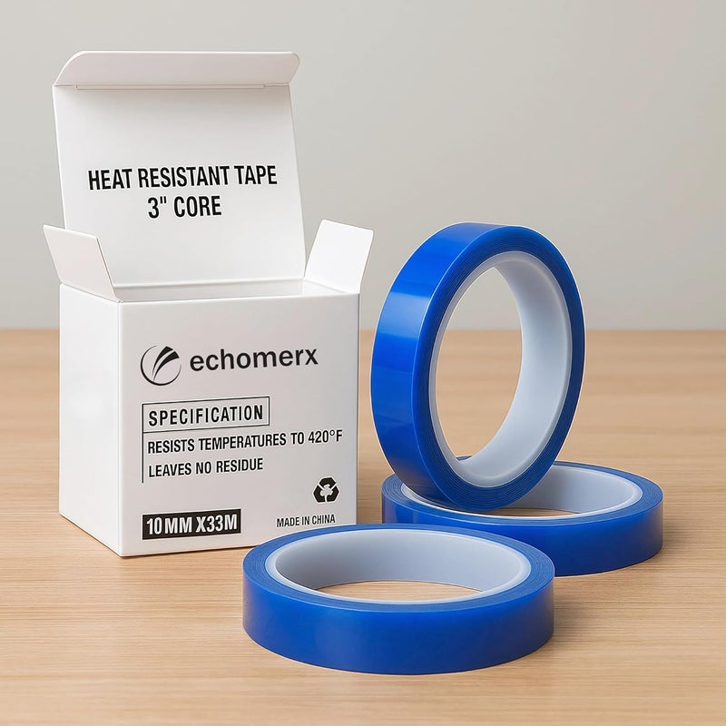 echomerx 10mm x 33m (108 ft) Blue Heat Resistant Tape - 3" Core | No Residue Heat Transfer Tape for Sublimation & Crafts | Ideal for Heat Press - 3-Pack - Image 5